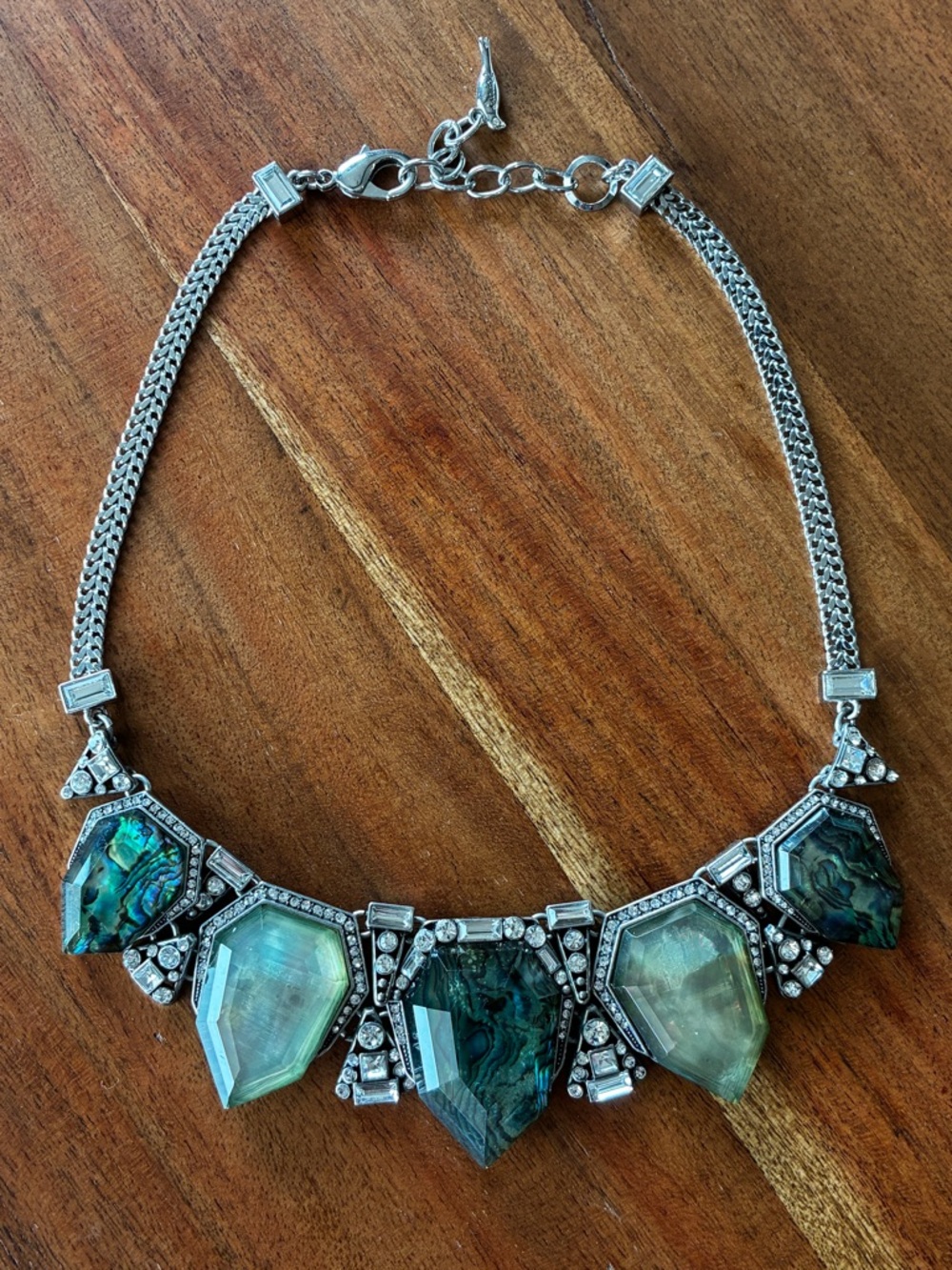 Chloe + Isabel Statement Bib Necklace Green Stone Abalone Style Crystal Silver - Picture 6 of 11